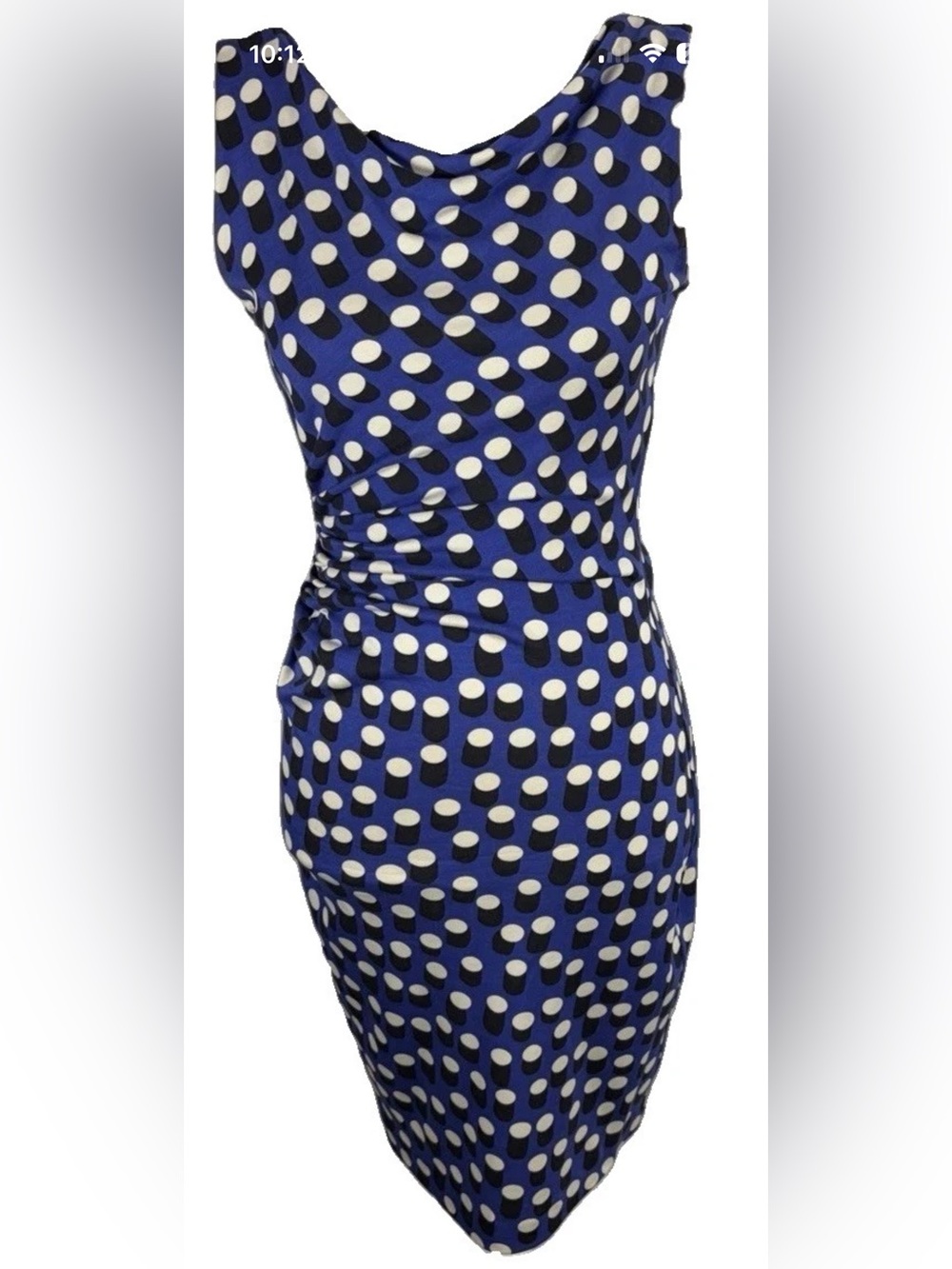 DVF Blu-Black-White dot ruched side w/drape neck Sz 4 Dress-Stretch knit